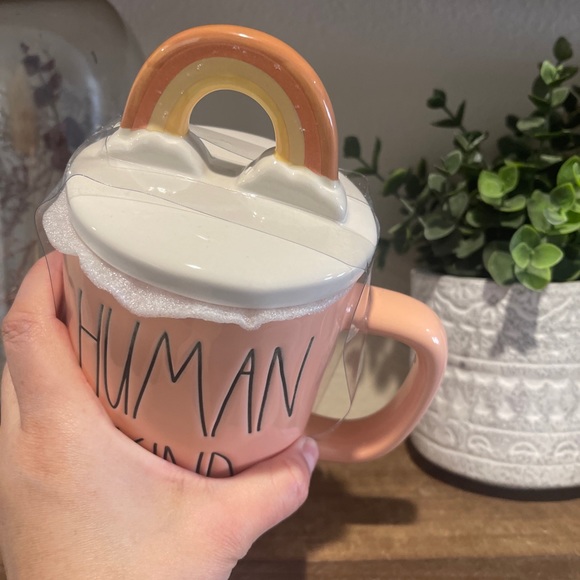 2- Rae Dunn ceramic oversized lidded boho rainbow HUMAN KIND coffee mug SET of 2 - Picture 2 of 4